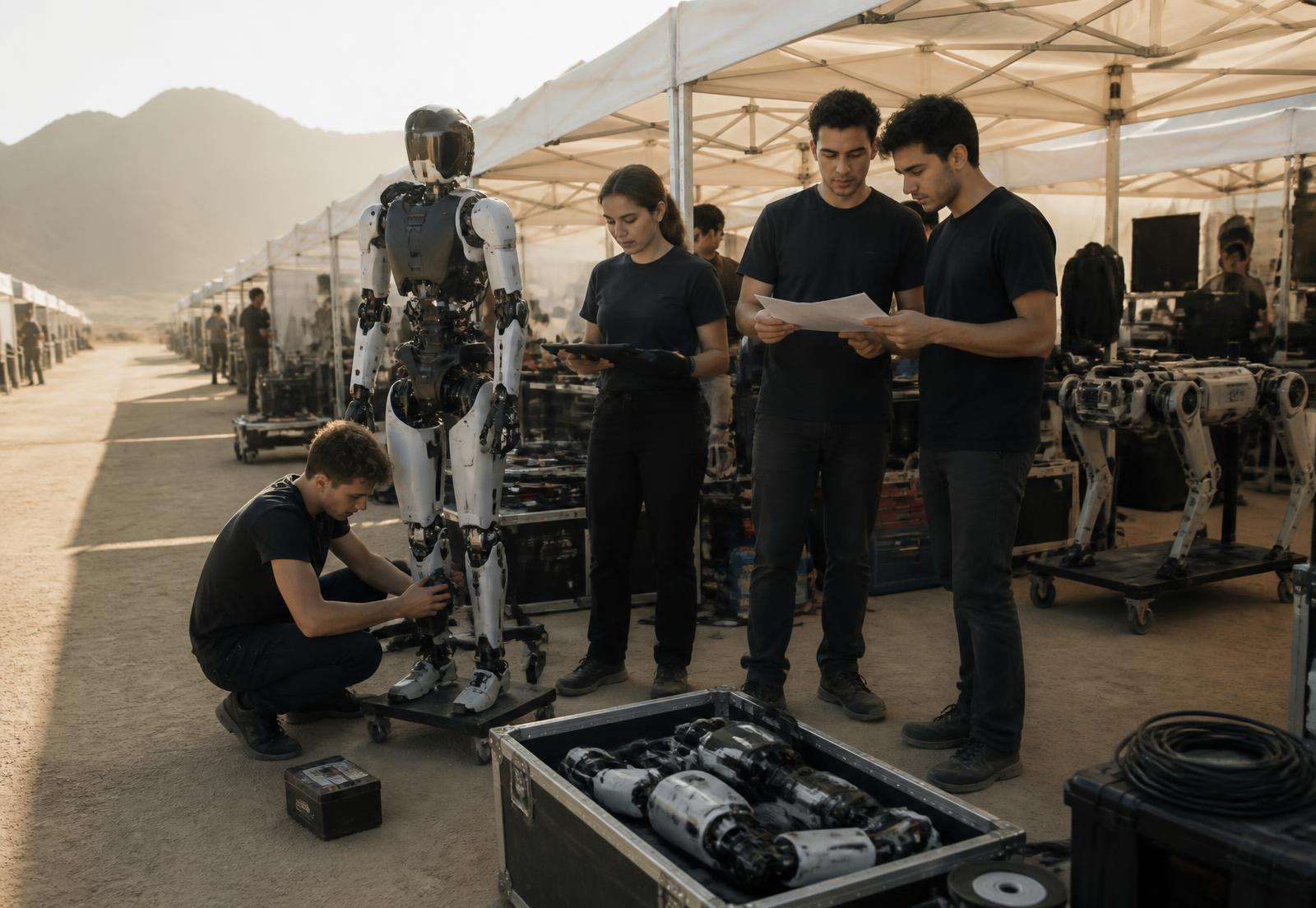 A robotics team with their machine in the arena pit before competition